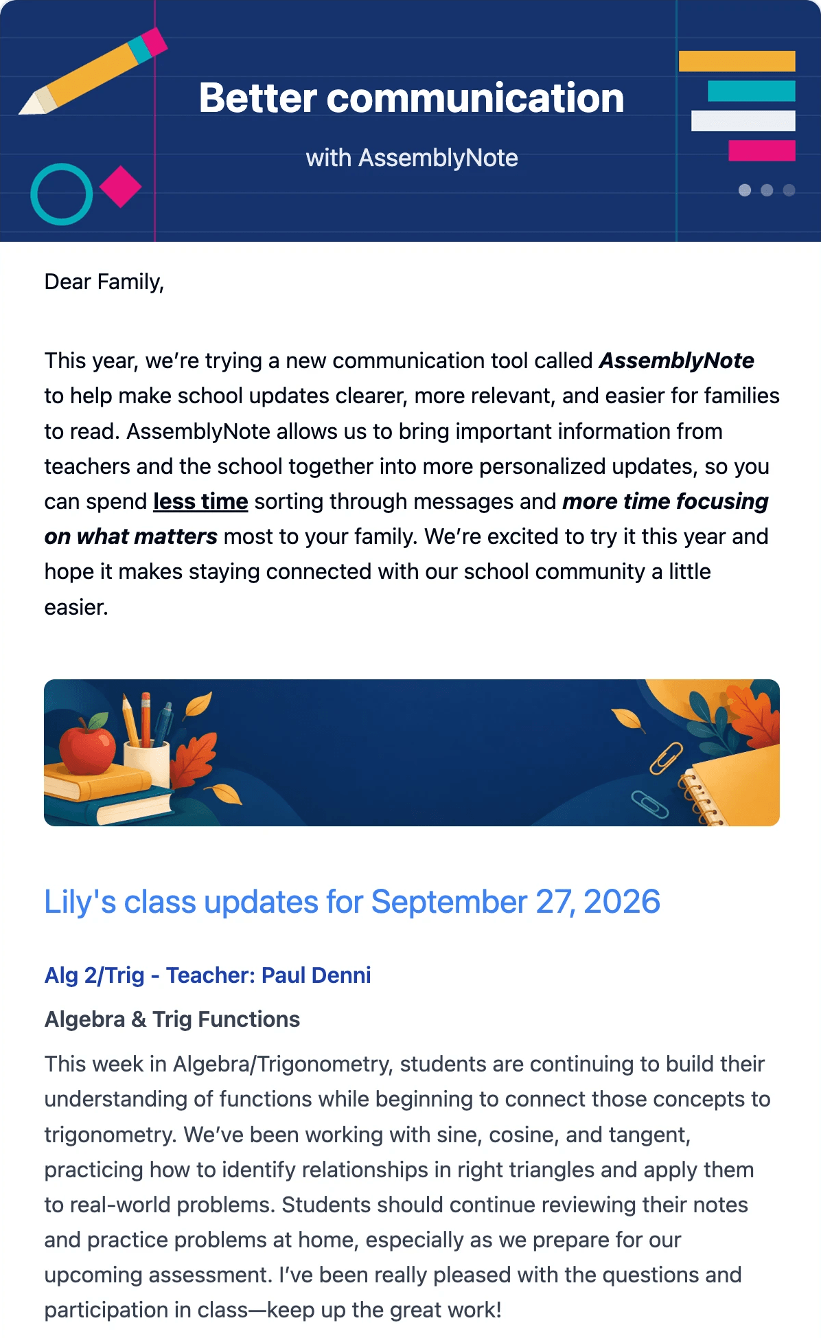 An example school newsletter as a family receives it: a school-wide note introducing AssemblyNote, a seasonal banner, and the start of one student's own class updates