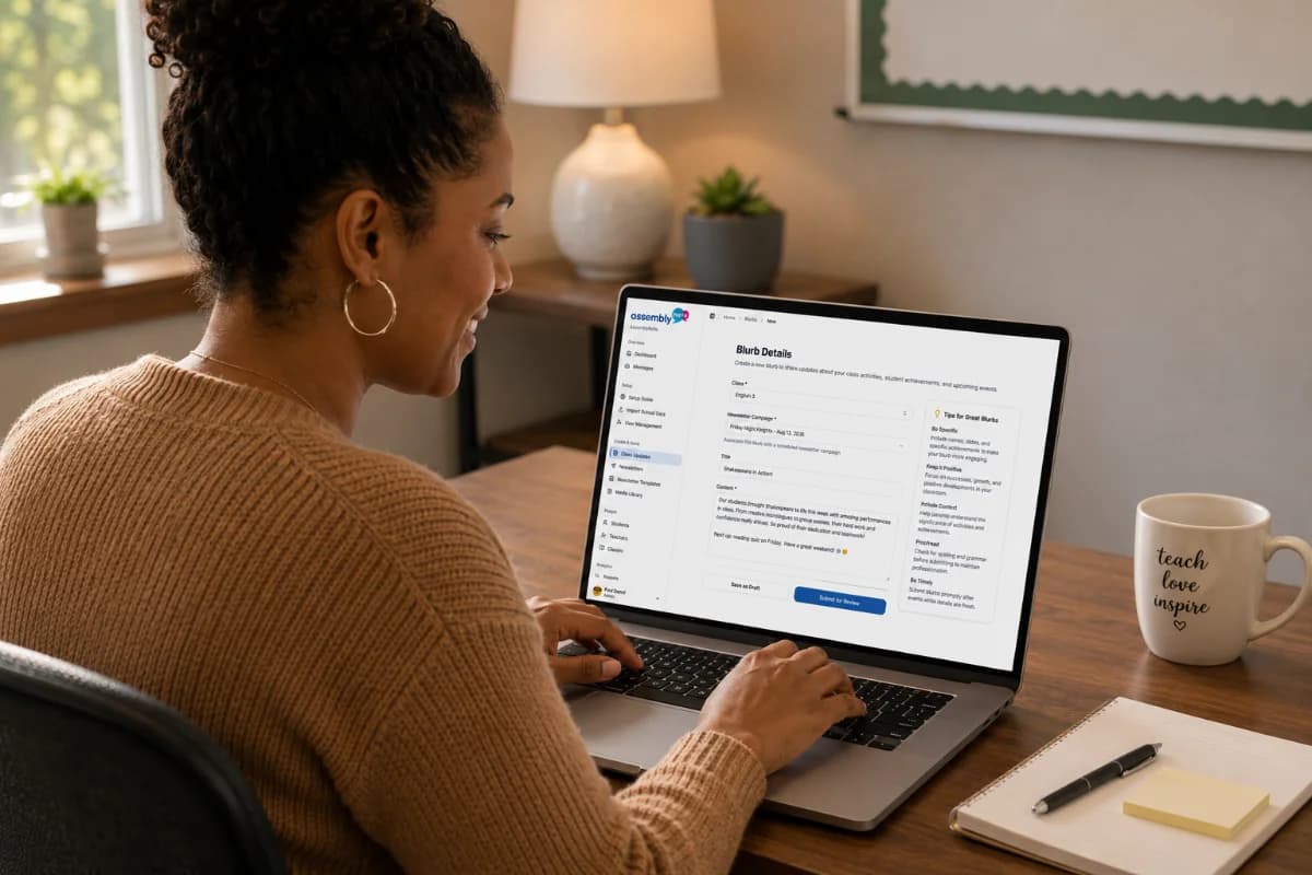 A teacher writing a class update at her desk