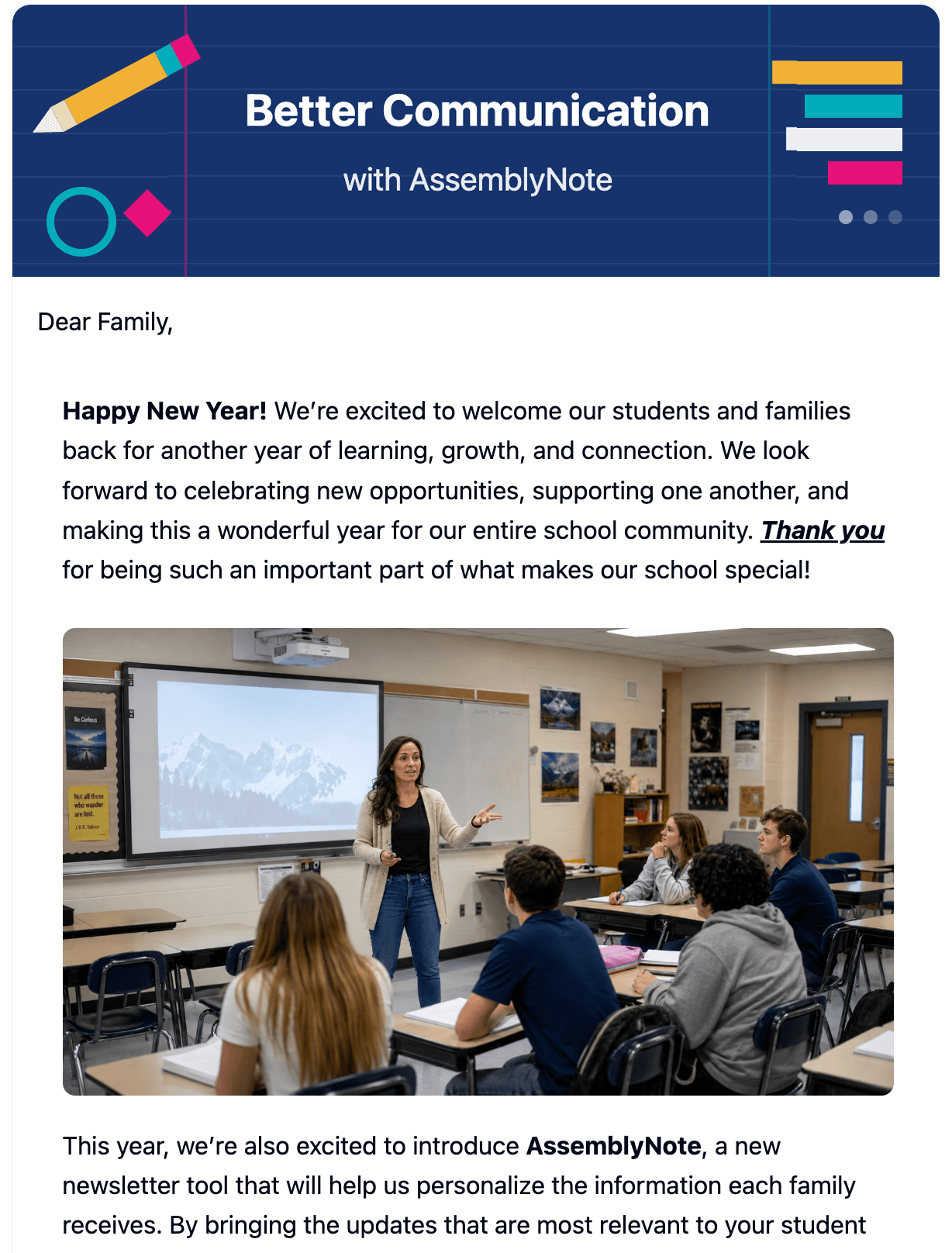 An example school newsletter as a family receives it: a school-wide welcome note, a classroom photo, and a note introducing AssemblyNote